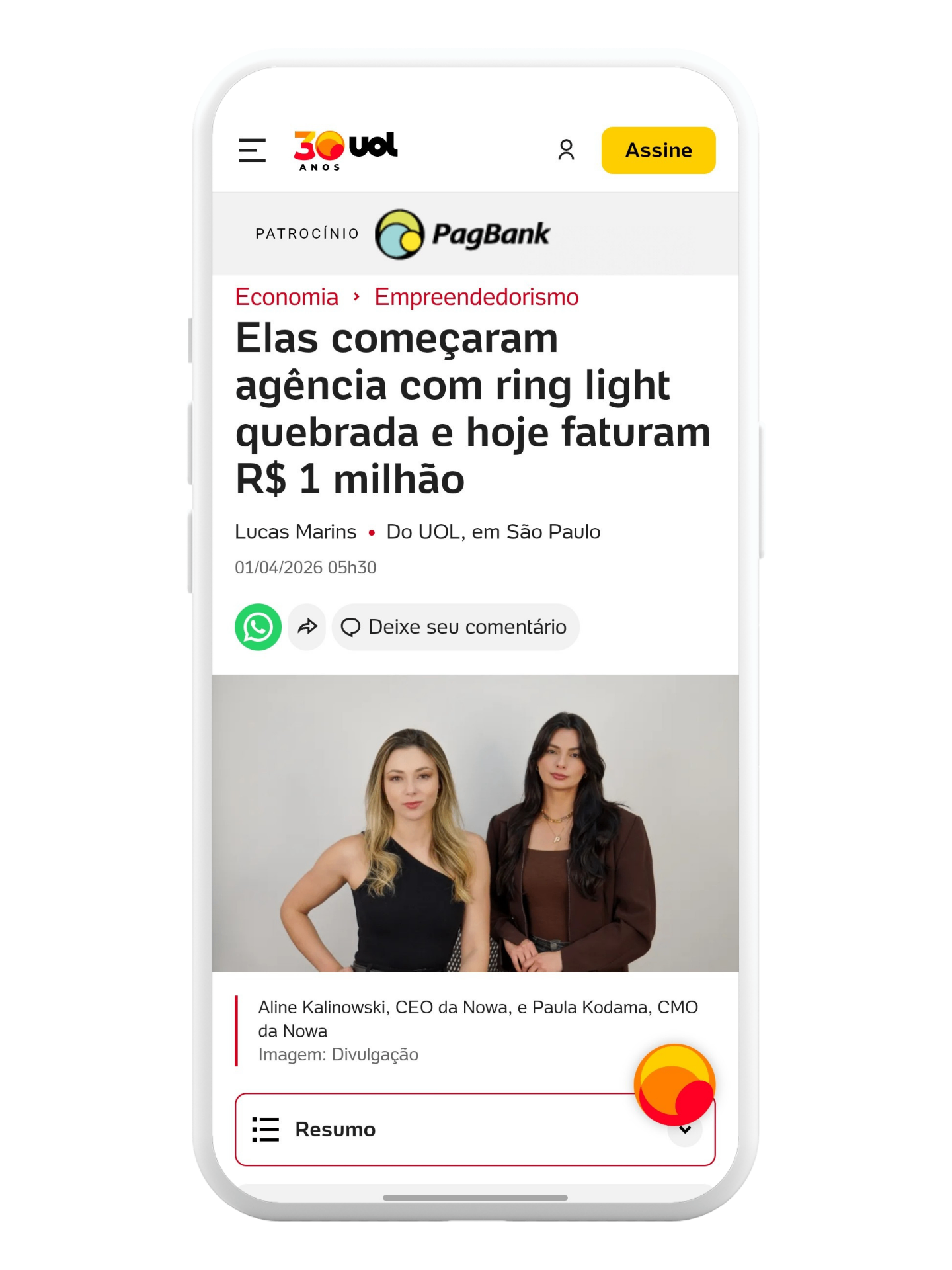 Reportagem UOL Economia sobre as founders da Nowa Company